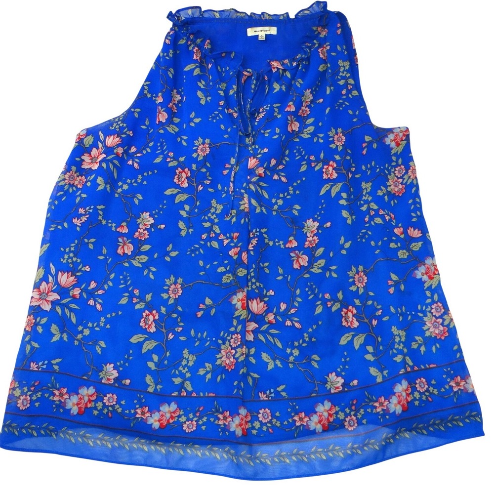 MAX STUDIO Womens Blue Floral‎ Sleeveless Ruffle Neck Tassel Tie Blouse Size L